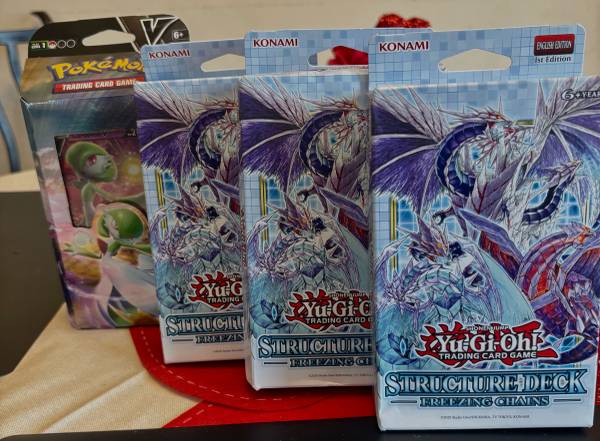 Pokémon trading card Box 3 Yu-Gi-Oh, structure deck, freezing chains boxes 1