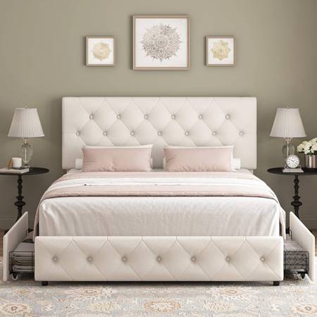 Queen Size Upholstered Platform Bed Frame with 4 Storage Drawers, Modern Beige F 1