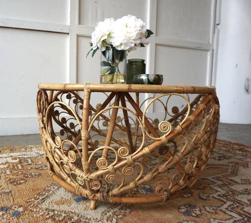 Mesa de centro de mimbre tejida a mano con diseño de pavo real - $63563471461803265121