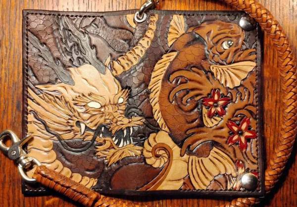 New tooled leather koi fish and dragon bifold wallet 1