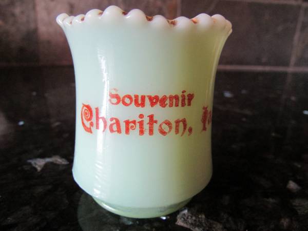 Custard Jedite Glass Toothpick Holder - Souvenir Chariton IA - 1
