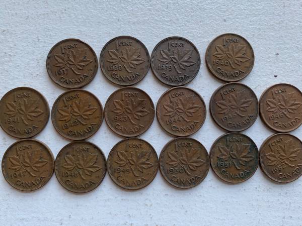 1937 - 1952 CANADIAN SMALL CENTS Circulated 1 PER YEAR-KING GEORGE VI 1