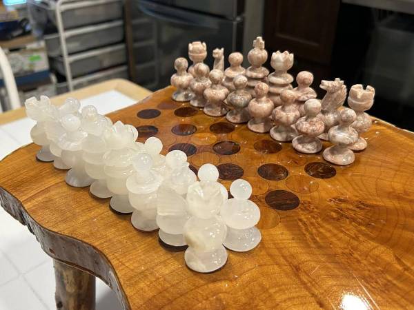 Cool Chess Table Slab With A Handsome Set Of Ceramic Players 1