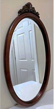 Charming Antique Oval Ornate Wood Beveled Mirror 1