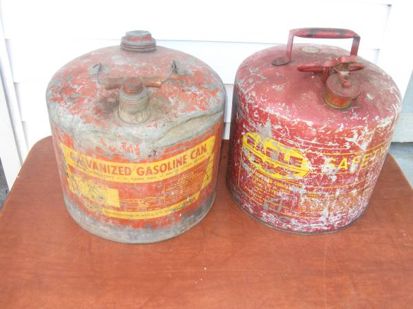 2 VINTAGE 5 GALLON GAS CANS-MADE IN THE USA-GALVANIZED NO RUST-BOTH 1
