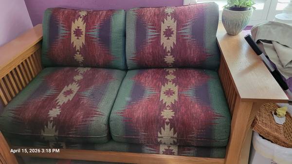 Mexican style Loveseat with wooden arms. 1