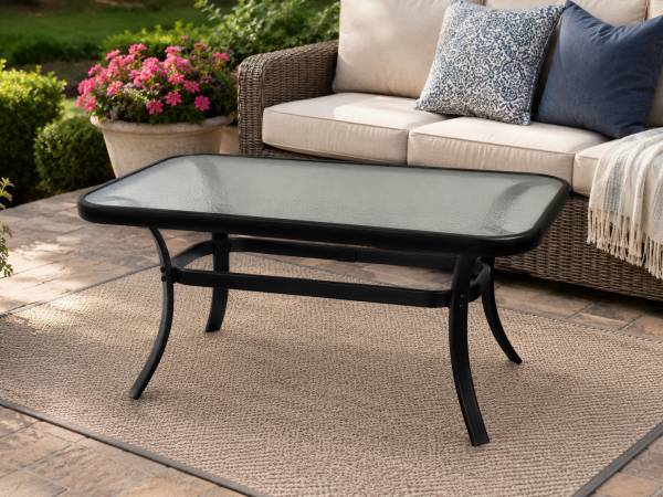35” Patio Coffee Table – Tempered Glass Top – Black Metal 1