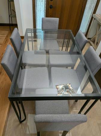 Modern Glass Top Dining Table Set with 6 Grey Upholstered Chairs 1