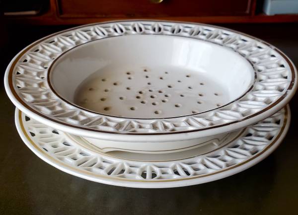 Antique Reticulated Berry Strainer Bowl w/ Dish Max Roesler RMR 1