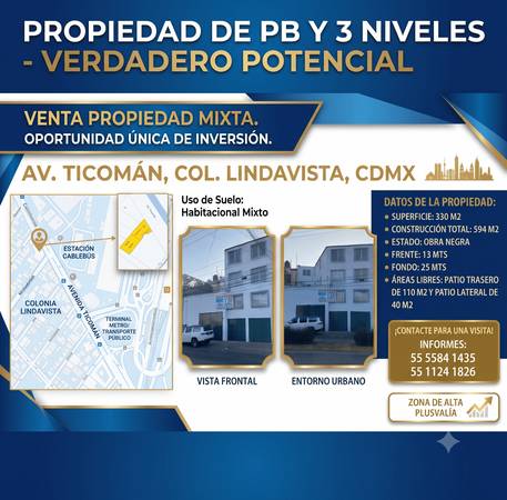 Magnifica Propiedad, Venta Edificio en Lindavista, Sobre Av Ticomán. 1