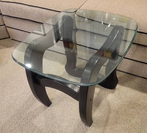 Two End Tables and White Wood Chair. 1