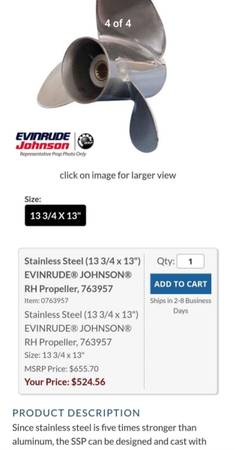 Stainless steel prop for Johnson or Evinrude - $200 (Raymond)63470659286657123