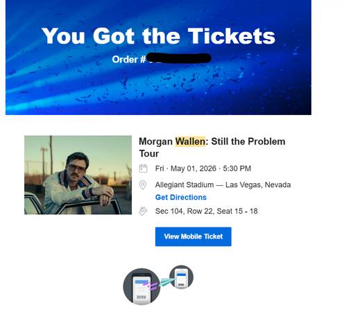 Morgan Wallen - Friday 5/1/26, Section 104, row 22, seats 15-18, AISLE 1