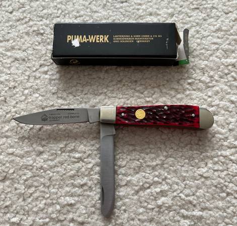 PUMA TRAPPER RED BONE MODEL 48-0631 FOLDING 2-BLADED KNIFE W/BOX 1