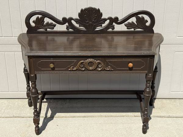 Antique Solid Wood Vanity w/Drawer - Vintage Desk w/ Dark Brown Finish 1
