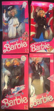 Barbie dolls from 1990 Army, Navy, Air Force, Marine Corps each are 1
