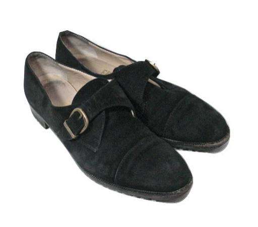 Womens Ferragamo Black Suede Shoes Sz 7AA Brass Buckle Loafers Italy 1