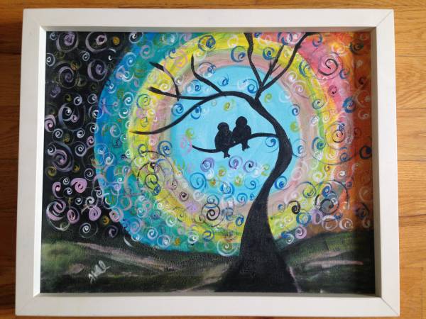 MYSTICAL LANDSCAPE OIL PAINTING TREE BIRD RAINBOW COLORS FRAMED SIGNED 1