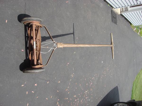 OLD WOOD HANDLE REEL PUSH MOWER 1