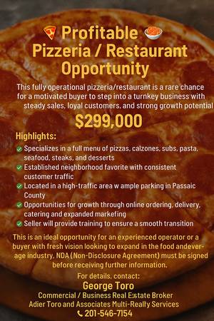 Profitable Pizzeria / Restaurant Opportunity 🍝 - $299 (Passaic County 1