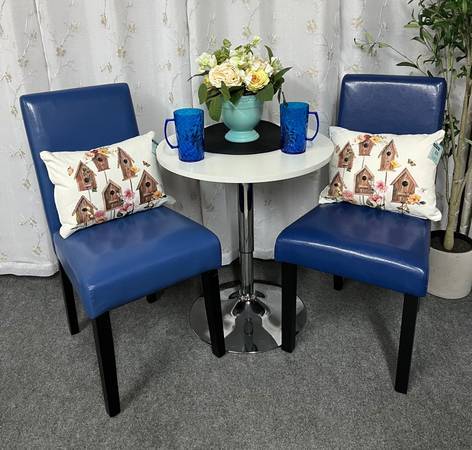 Small White Table and two NEW Blue Dining Chairs 1