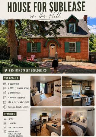 5 Bed House In Boulder available for Sublet - Jan. 4 - May 4th, 2027 1