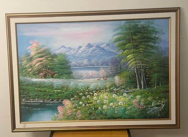 🎨 Large Framed Mountain Landscape Painting – 40.5” x 29” 🌲🏔️✨ 1