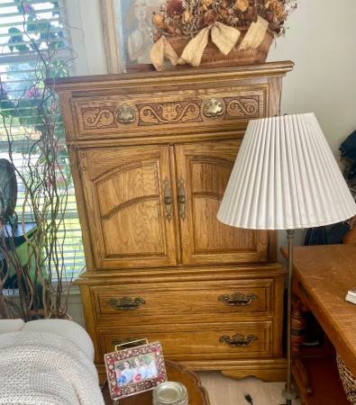 Wood hutch with drawers and matching three drawer, chest and side tabl 1
