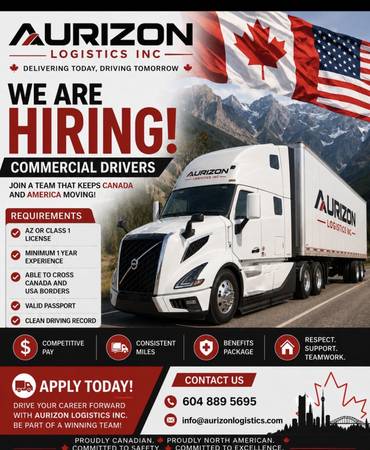 NOW HIRING !! CLASS 1 TRUCK DRIVERS FOR CANADA & USA ROUTES 1