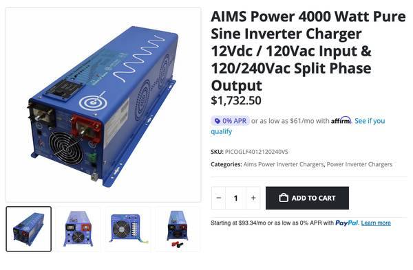 Aims Inverter Charger 12VDC 240V Split Phase NIB 1