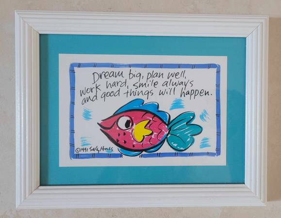 NEW Sally Huss 1991 White Framed Art Print “Dream Big” teal matte 1