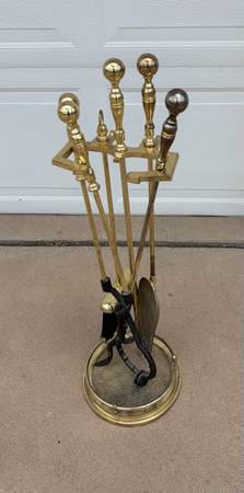 Elegant brass fireplace tool set five pieces stand, poker, tongs, shovel, brush 1