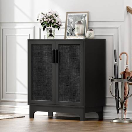 New Black Rattan Storage Cabinet with 2 Doors, Natural Storage Cabinet with Adju 1