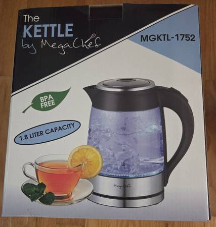 Electric Tea Kettle (Model MGKTL-1752).MegaChef 1.8Lt. Glass Body and Stainless  1