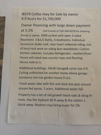 $1,700,000 / 4br - 3000ft2 - Home with 2 acer lake with fish fed by live year around stream (GrassValley)63952105177346124