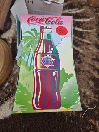 1995 super bowl commemorative coke bottle and pin. 1