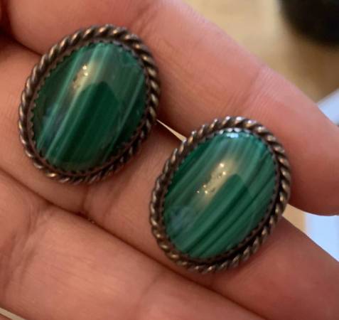 Sterling Silver Studs Earrings with Natural Big Malachite Stones 1