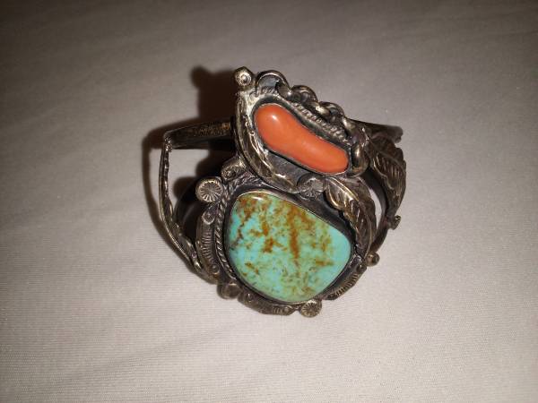 Silver Native American Navajo Style Turquoise and Coral Bracelet 1