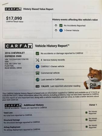 ONE OWNER- 2016 CHEVY EXPRESS 3500 CARGO EXTENDED VAN-GREAT DEAL!!! - $11,999 (santa rosa)63624122730881121
