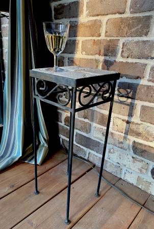 Small wrought iron side table with tumbled marble top 1