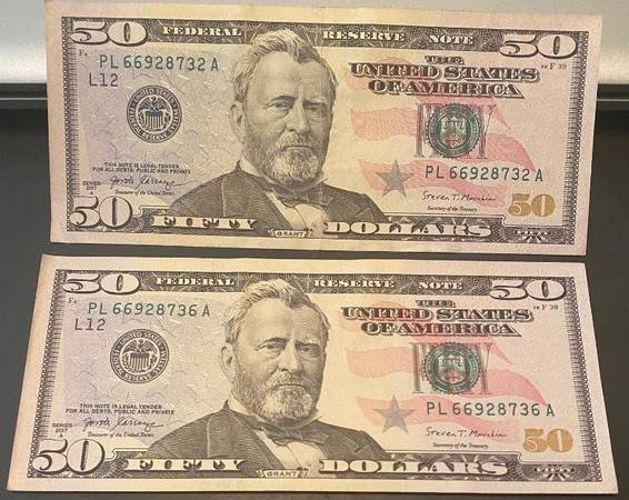 (2) 2017~$50~Bills~RARE PAIR from the same serial# group~ VERY CRISP 1