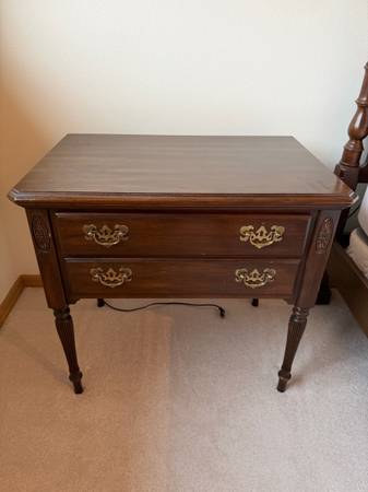 Vintage Solid Wood Two-Drawer Nightstand / Side Table – Brass Hardware 1