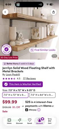 72” Solid Wood Floating Wall Shelf w/ Metal Brackets 1