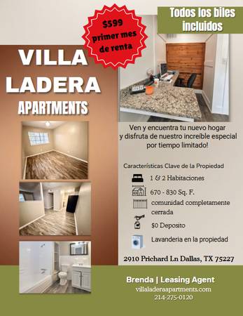 $599 primer mes, $0 deposito, Todos los biles incluidos 1