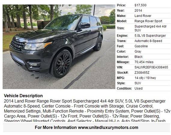 2014 Land Rover Range Rover Sport Supercharged 4x4 SUV 4 puertas - $17,500 (Stone Mountain)63492064614019121