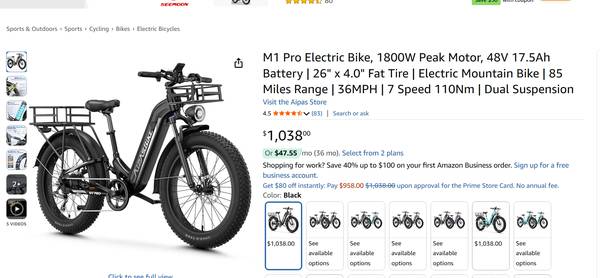 M1 Pro Electric Bike, 1800W Peak Motor, 48V 17.5Ah Battery | 26" x 4.0 1