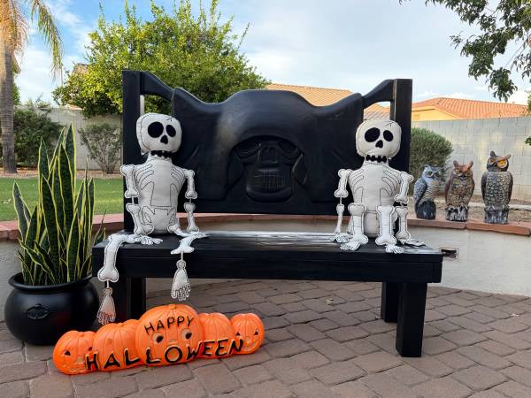 Skeleton skull wood bench 1