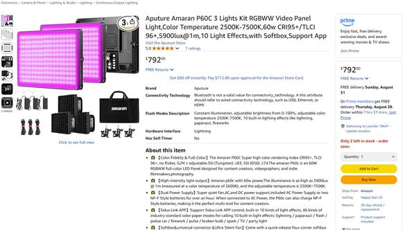 Aputure Amaran P60C 3 Lights Kit RGBWW Video Panel Light 1