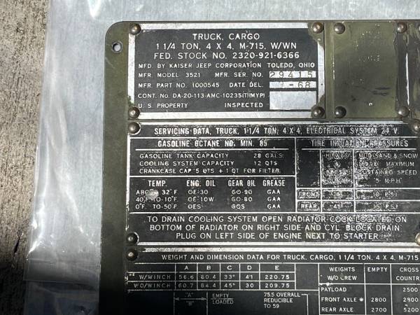 Military truck Jeep take off data plate sets M715 M38 1
