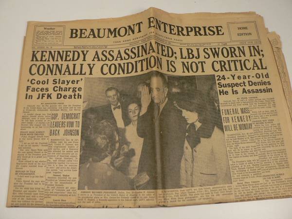 Beaumont Enterprise Newspaper for 11-23-1963, "JFK As.,LBJ Sworn In 1
